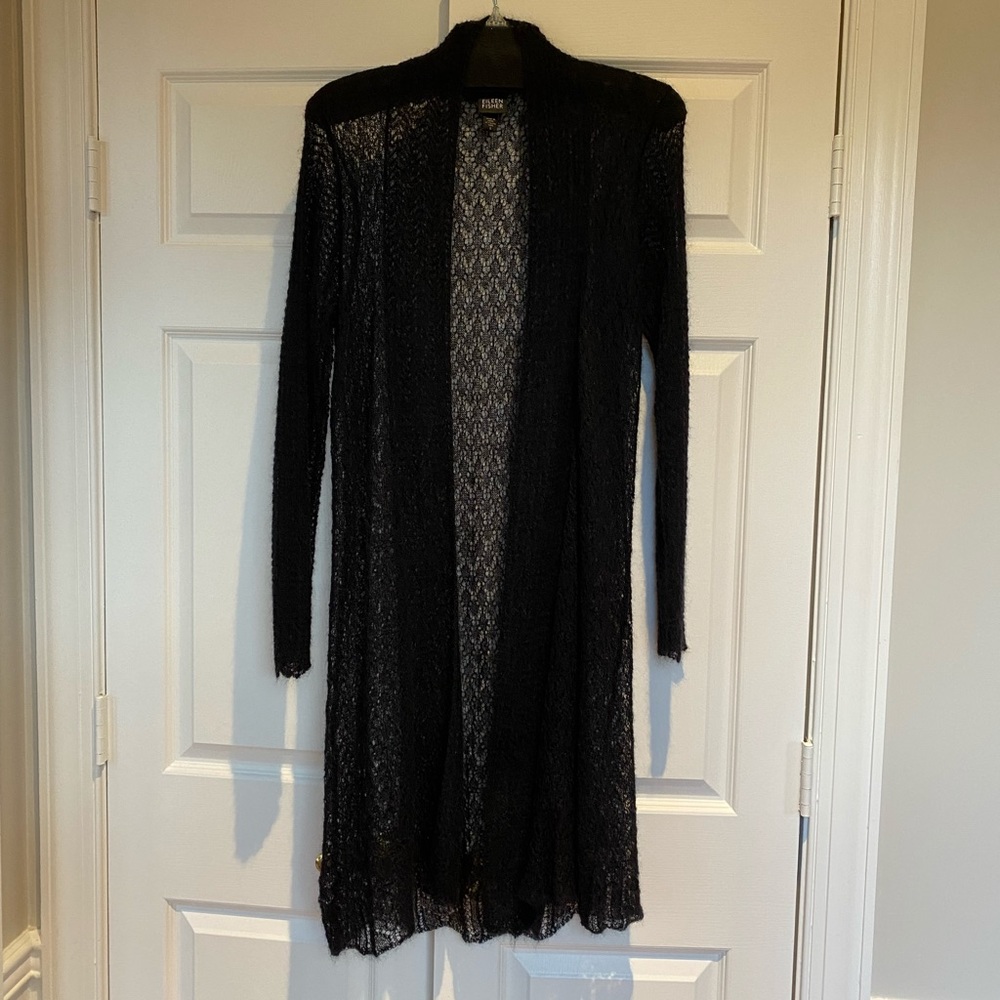 Eileen Fisher size S black lace mohair/wool blend long cardigan